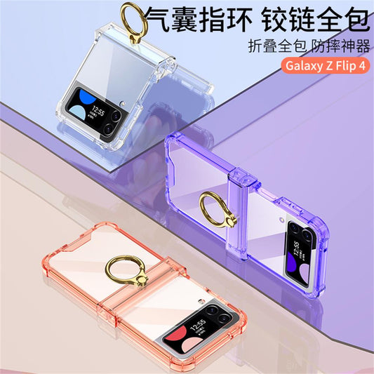 For Samsung Galaxy Z Flip 4 Flip 3 Case Transparent Ring Holder Bracket Folding Hinge Four Corner Shockproof Silicone Back Cover